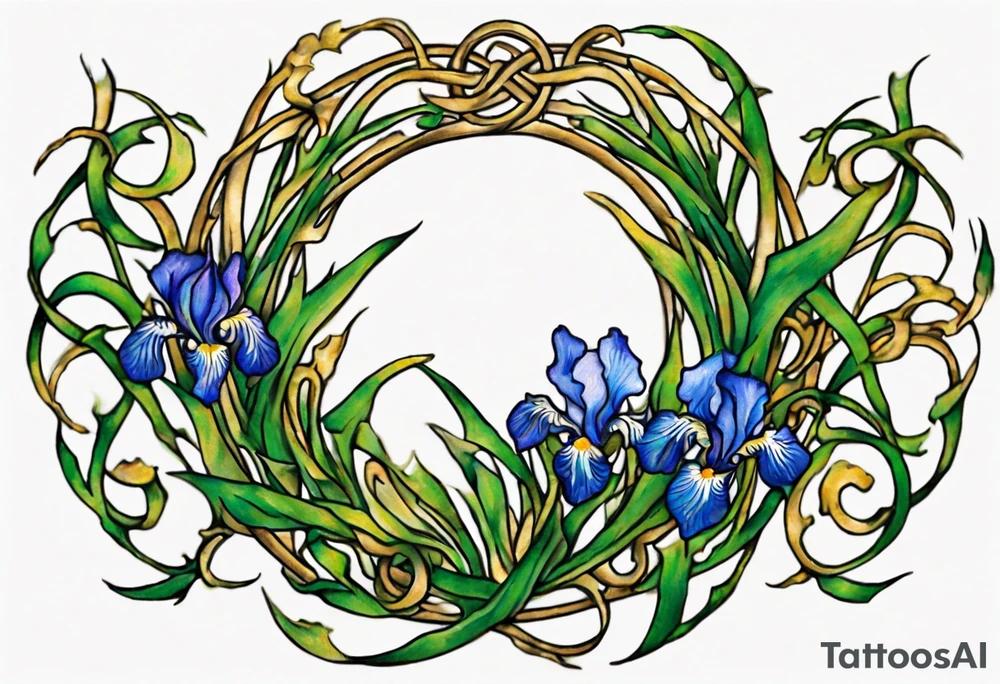 Create a colorful small Vincent van Gogh Irises tattoo with Celtic knots. The tattoo should take the form of a crescent, with vines gracefully intertwining at a central point in the middle of the wreath. Ensure that the design avoids the appearance of a bush and maintains a more structured and deliberate arrangement. The intended placement is on the upper chest. The overall design should be small in size while maintaining a delicate and artistic aesthetic. Pay attention to the graceful flow of the vines and the placement of the irises to achieve a refined and elegant look tattoo idea