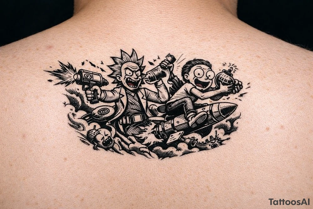 Rick drinking and shooting things and morty being reckless save the day morty , schuanch schuanch. tattoo idea