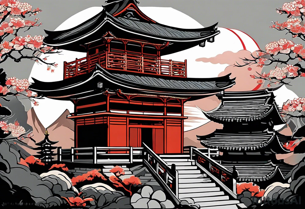 Design a striking tattoo featuring a traditional Japanese pagoda guarded by a fierce Japanese dragon. The dragon should be coiled around the pagoda, symbolizing protection, with its scales intricately detailed and claws gripping the structure. The pagoda is multi-tiered, ornate, and reflects traditional Japanese architecture, with curved roofs and wooden beams. The dragon’s body wraps around each level of the pagoda, with its head rising above, exuding power and vigilance. Surround the scene with subtle elements like swirling clouds, adding depth and a mystical atmosphere. The overall style should blend realism with traditional Japanese tattoo art, incorporating bold lines and rich shading. tattoo idea