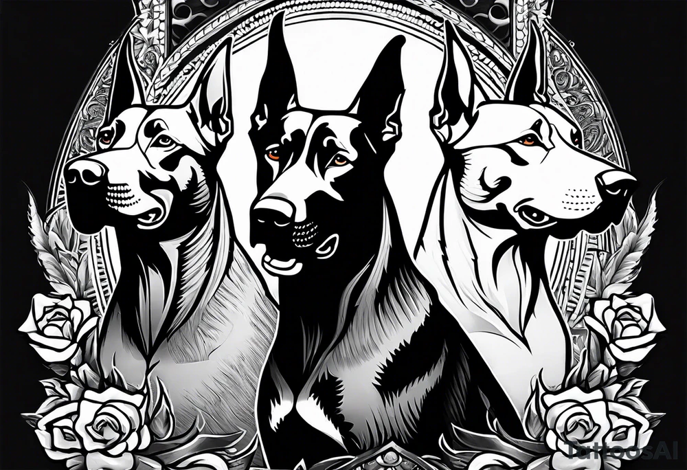 3 very angry Dobermans with fangs tattoo idea