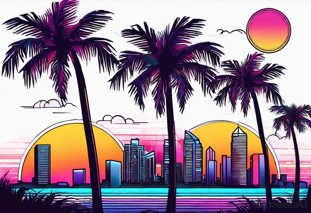 synthwave sun tattoo with palm trees and skyscrapers tattoo idea