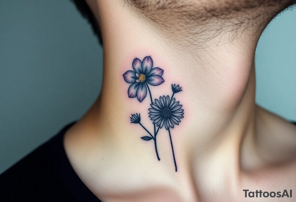 Viola odorata & Aster tattoo on throat tattoo idea