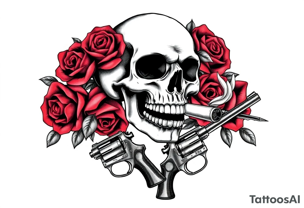 A skull smoking a cigar, entwined with thorny red roses, crossed revolvers below. tattoo idea