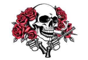 A skull smoking a cigar, entwined with thorny red roses, crossed revolvers below. tattoo idea