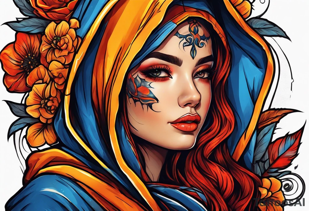 Neo traditional Orange yellow red blue hooded woman blood scars tattoo idea
