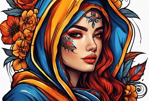 Neo traditional Orange yellow red blue hooded woman blood scars tattoo idea
