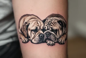 a golden retriever dog and an English bulldog, lying on their sides, head to head, foreheads touching, the golden retriever's head is larger than bulldog's tattoo idea