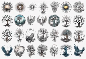 wasser, sonne, eule  wald, 
blume des lebens, 
baum, berlin tattoo idea