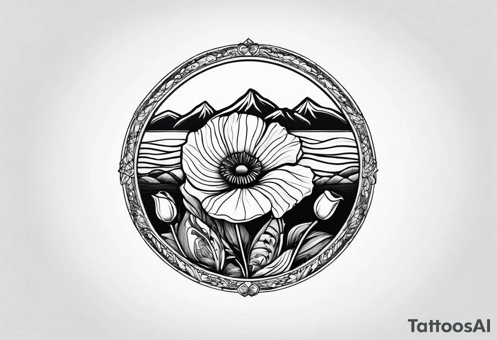 small poppy flower with mountains above it and the ocean below it tattoo idea