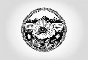 small poppy flower with mountains above it and the ocean below it tattoo idea
