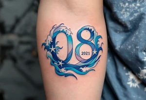 Roman 08. 05. 2021) – Deep blue ocean waves wrapping around Roman's birthdate, with seafoam white accents and a starfish design near the numbers. tattoo idea