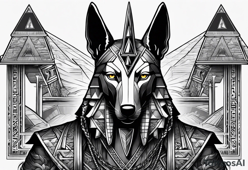 Strict Anubis portrait with pyramids on the background tattoo idea