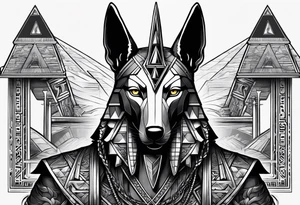 Strict Anubis portrait with pyramids on the background tattoo idea