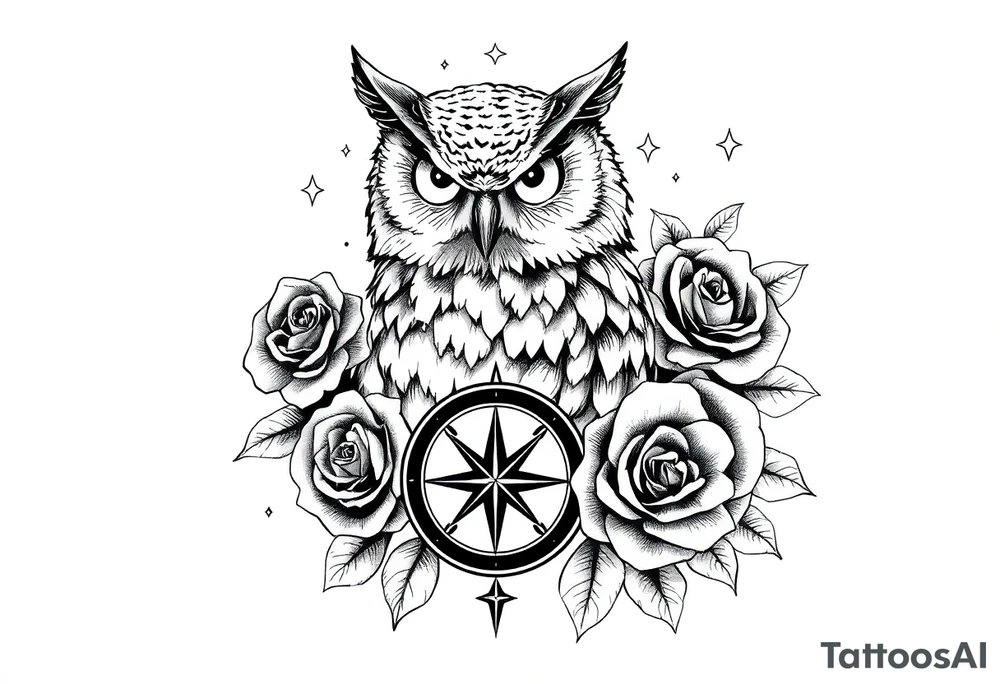 an owl,compass,roses,stars. tattoo idea