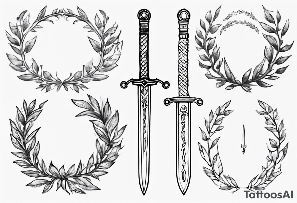 A sword AND 13 in the middle of a laurel leaf wreath tattoo idea