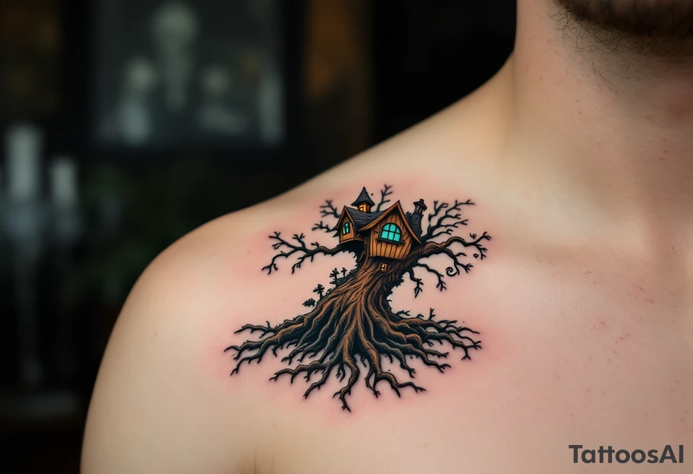 Tim Burton’s gothic treehouse perches awkwardly on twisted roots, shaded in brown, charcoal, and faded teal. tattoo idea