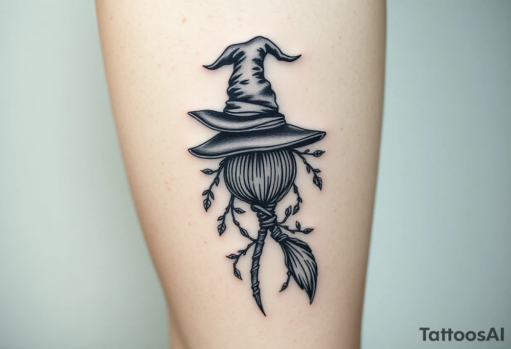 Which is broom with a witches hat with vines and feathers 
Smaller broom with hat placed on top or in the middle
Feminine and on a leg tattoo idea