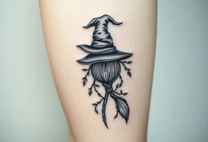 Which is broom with a witches hat with vines and feathers 
Smaller broom with hat placed on top or in the middle
Feminine and on a leg tattoo idea