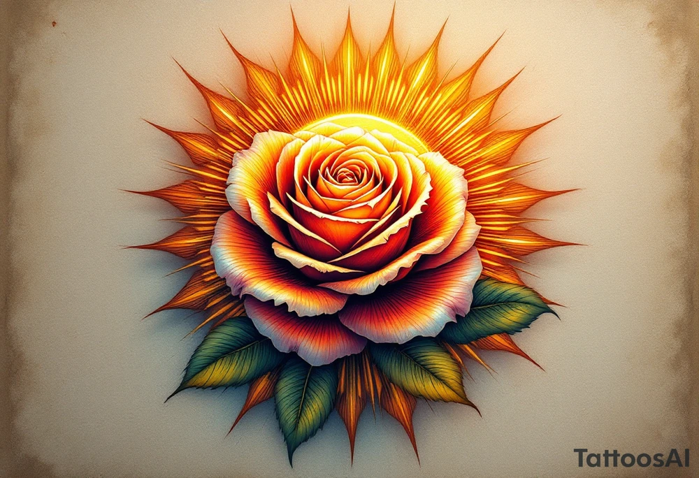 Golden sun with sharp rays extending outward, painted in warm yellows and oranges to create a vibrant, fiery aura around the flower. The sun symbolizes energy, life, and growth. The light from the sun subtly illuminates the rose, reflecting its warmth. On the opposite side of the rose, a soft silver crescent moon, painted in light silver with soft blue highlights, casting a gentle glow over the rose. The moon represents calm, serenity, and the quieter aspects of love. The moon’s soft glow balances the brightness of the sun, symbolizing the balance between day and night. tattoo idea