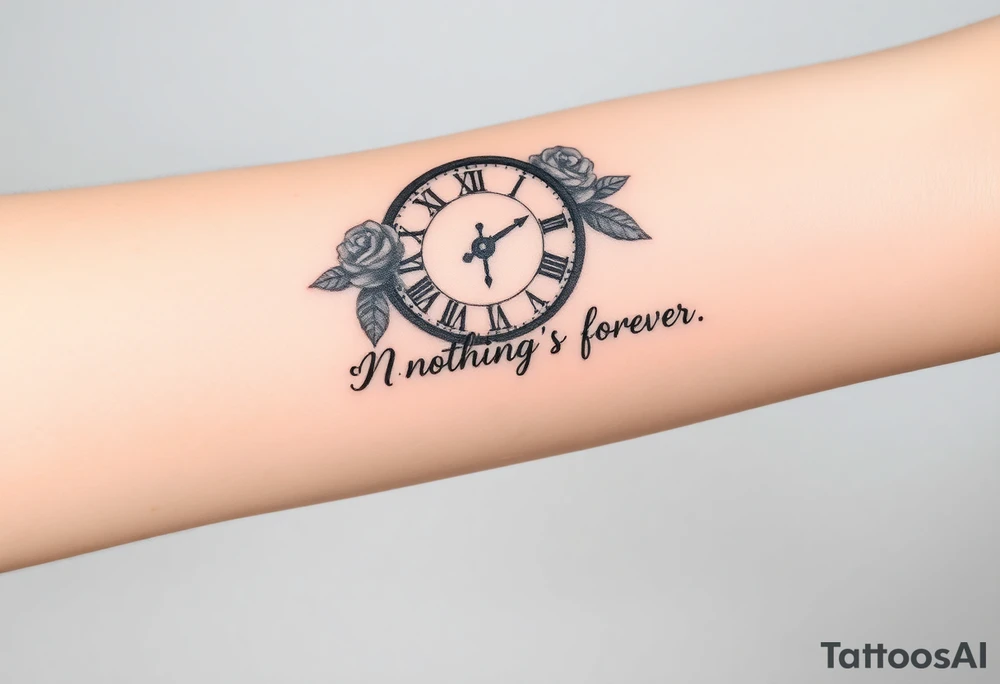Roman clock with roses and a crown, a quote that says nothings forever. and on the bottom a deck of cards tattoo idea