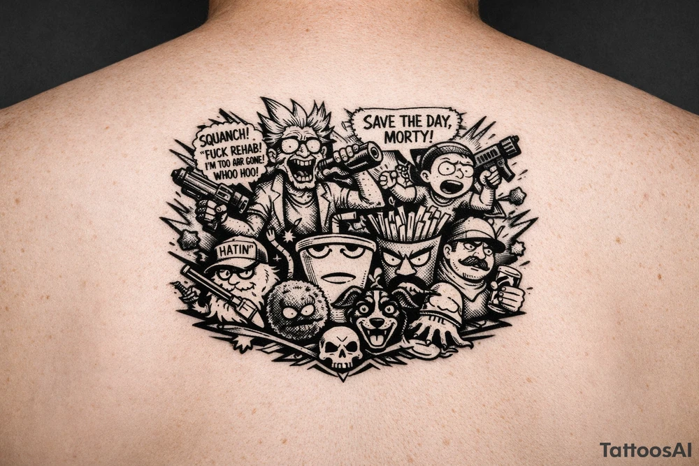 Squanch Rick drinking and shooting things and morty being reckless save the day morty , squanch fuck rehad I'm too far gone! Whoo hoo , Mr pickles and squid billies with aqua team hunger force tattoo idea