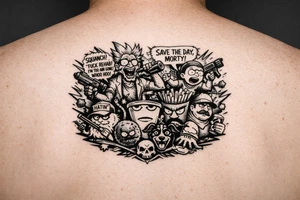 Squanch Rick drinking and shooting things and morty being reckless save the day morty , squanch fuck rehad I'm too far gone! Whoo hoo , Mr pickles and squid billies with aqua team hunger force tattoo idea