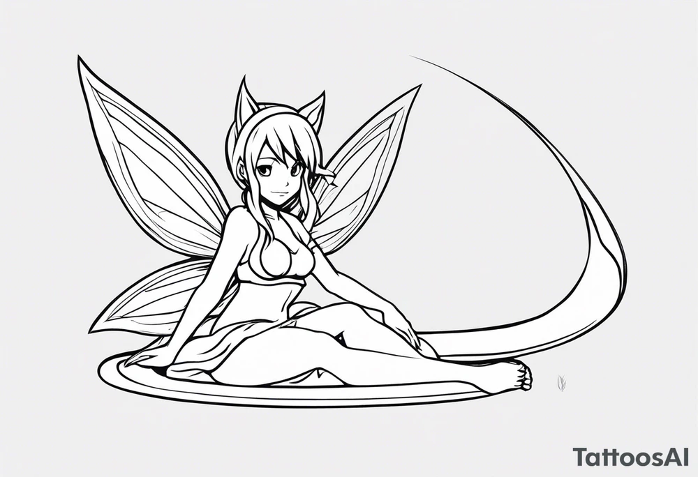 No color fairy with a tail inspired by the logo of the anime show called Fairy Tail in a fetal position leaning in and forward while in the air floating tattoo idea