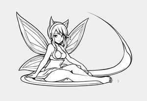 No color fairy with a tail inspired by the logo of the anime show called Fairy Tail in a fetal position leaning in and forward while in the air floating tattoo idea