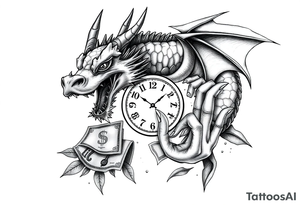 Horror dragon tattoo with clock, dollars and palm on background tattoo idea