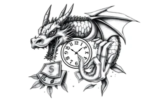 Horror dragon tattoo with clock, dollars and palm on background tattoo idea