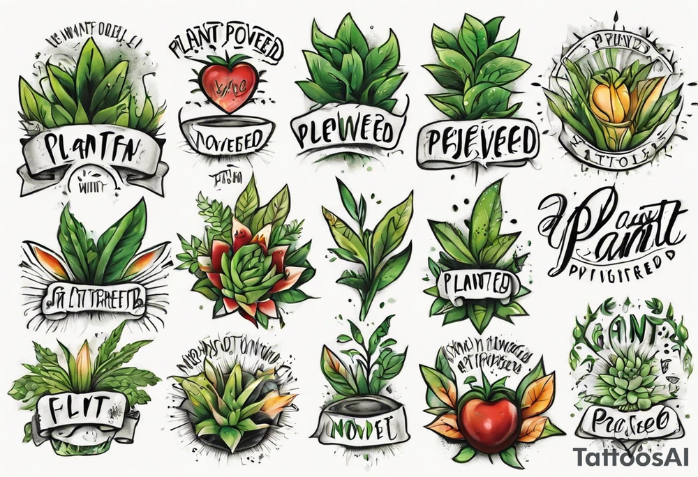 Words “Plant Powered” with plants tattoo idea