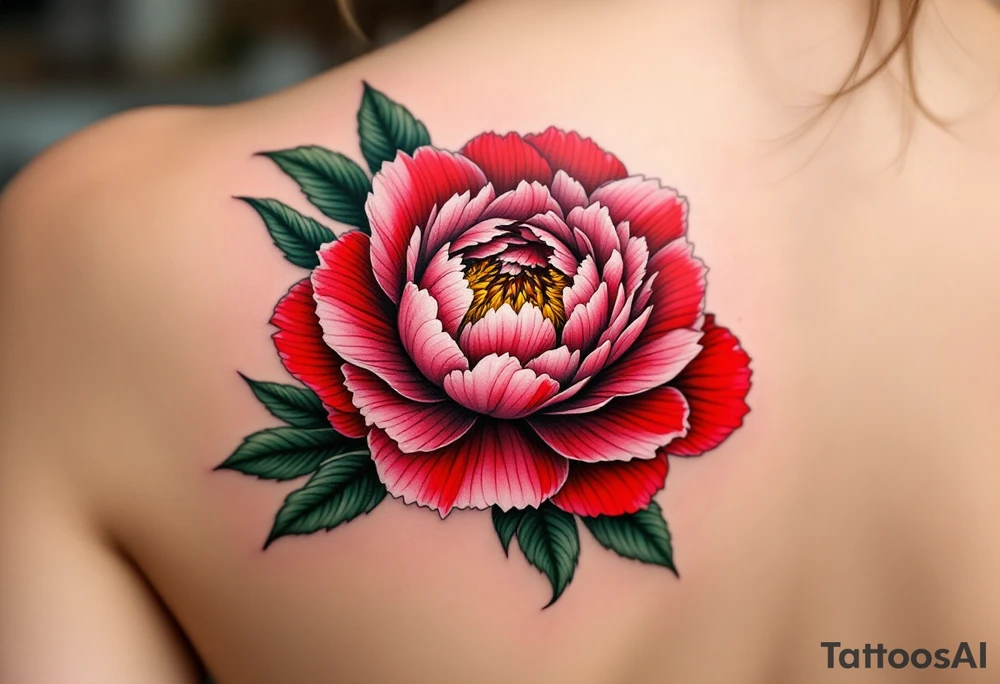 ChatGPT řekl:
A vibrant peony tattoo featuring lush, layered petals in deep crimson and soft blush pink, with dark green leaves edged in black for bold contrast and subtle white highlights to add depth and realism. tattoo idea