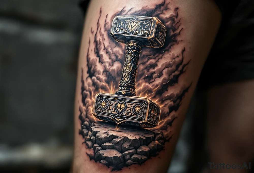 A massive Mjölnir hammer resting on a stone, ancient runes glowing on its surface, surrounded by storm clouds tattoo idea