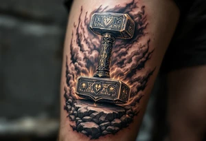 A massive Mjölnir hammer resting on a stone, ancient runes glowing on its surface, surrounded by storm clouds tattoo idea