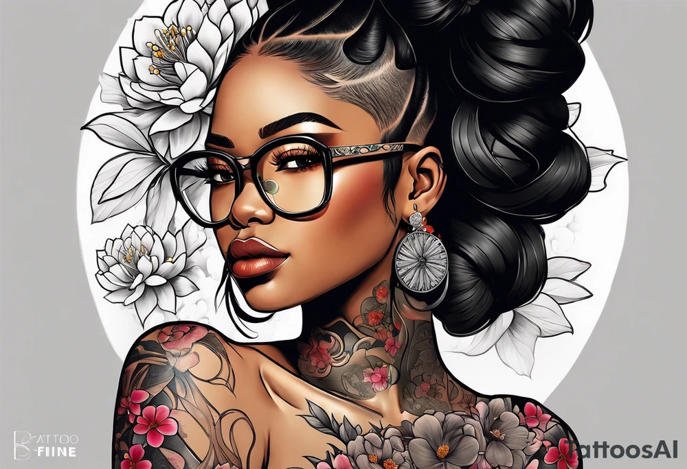 Black Female with glasses with the word "Nisha" and sakura blossoms around her tattoo idea