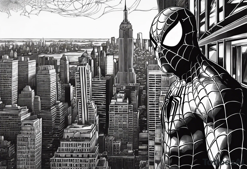 The tattoo shows Spider-Man in a dynamic pose, climbing up a building with webs floating around him. His costume is intricately detailed with the iconic spider patterns, and his white eyes are expressive and vivid. The New York City skyline is depicted in the background, with shadows and details adding depth to the scene. tattoo idea