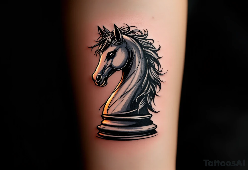 a knight of chess piece. it doesn't have legs, it's a chess piece. 
The knight piece is depicted in motion, slightly tilted forward as if it's charging or coming out of the shadows. The knight’s face is detailed but with a focus on the horse's strong features: its mane flowing in the wind, and the body etched with intricate details to represent strength and agility. The knight is emerging from a shadow, with the front part of the body illuminated in soft, warm light. The shadowed portions near the back and tail create a mystical aura. tattoo idea