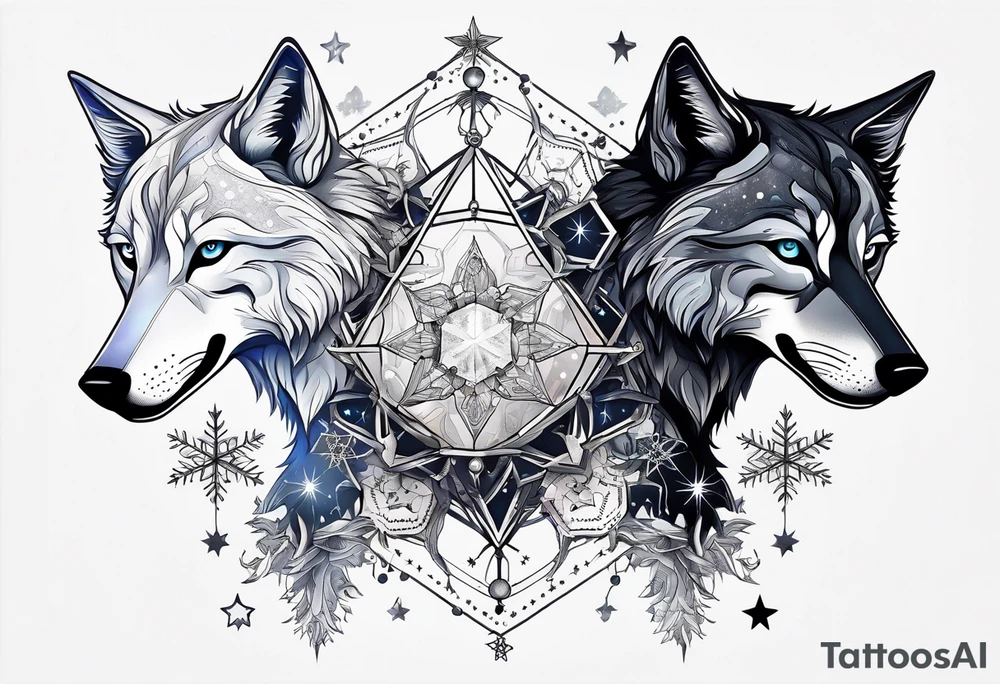 Constellation, two animal alien wolf, snowflake tattoo idea