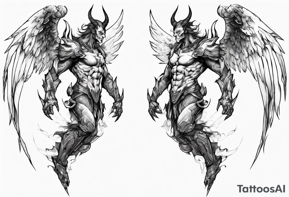 Side view of a demon angel wearing inorganic armor that is in mid-air in attack position. tattoo idea