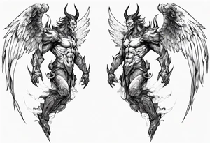 Side view of a demon angel wearing inorganic armor that is in mid-air in attack position. tattoo idea