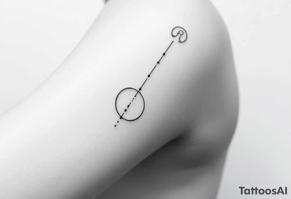 Minimalist forearm tattoo, black ink only, representing legacy and father-son connection. Two interlocking circles along an ascending abstract path, one fading at the bottom (father) and one growing solid at the top (son), symbolizing the torch passed. Fine particles rising along the line show guidance and energy. Subtle abstract figure of father integrated above. Include date VI·IV·MMXXIII and optional phrase “Building what he couldn’t”. Clean, fine-line, vertical layout for forearm, minimal yet deeply emotional. tattoo idea