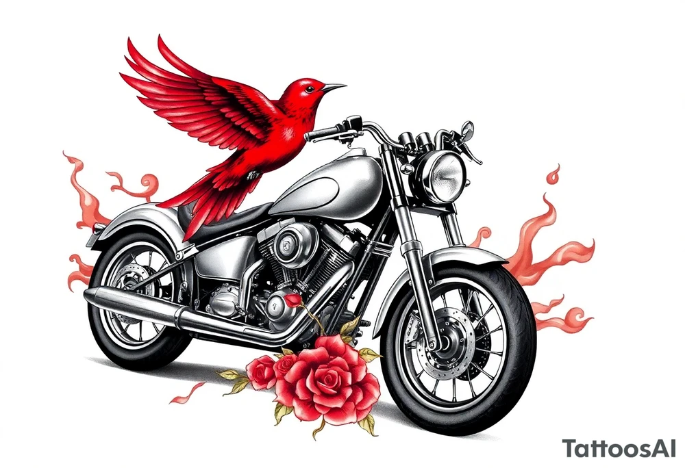 Motorcycle, red bird flying, roses and lace, flames tattoo idea