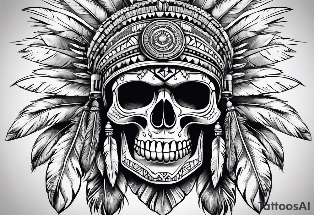 aztec style skull with large feathers surrounding head tattoo idea