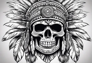 aztec style skull with large feathers surrounding head tattoo idea