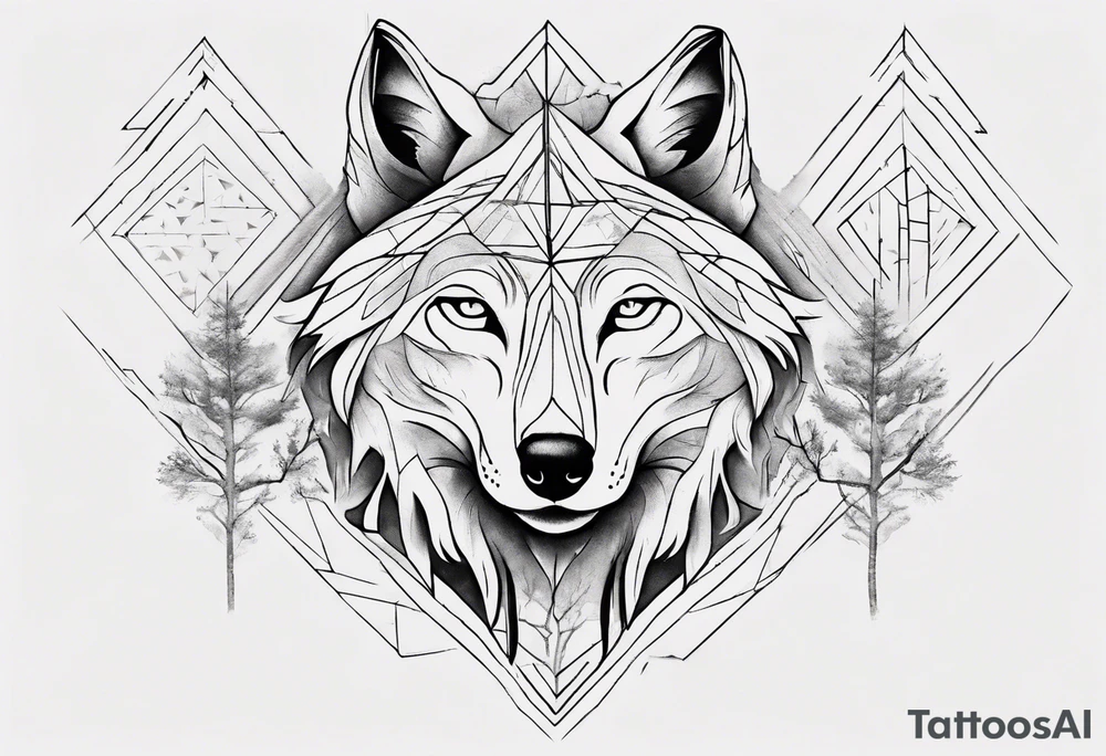 Wolf's face with geometric patterns flowing from it along with impressions of trees, a forest. It should be shaped to fit on a forearm tattoo idea
