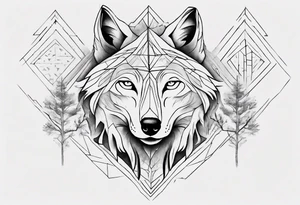 Wolf's face with geometric patterns flowing from it along with impressions of trees, a forest. It should be shaped to fit on a forearm tattoo idea