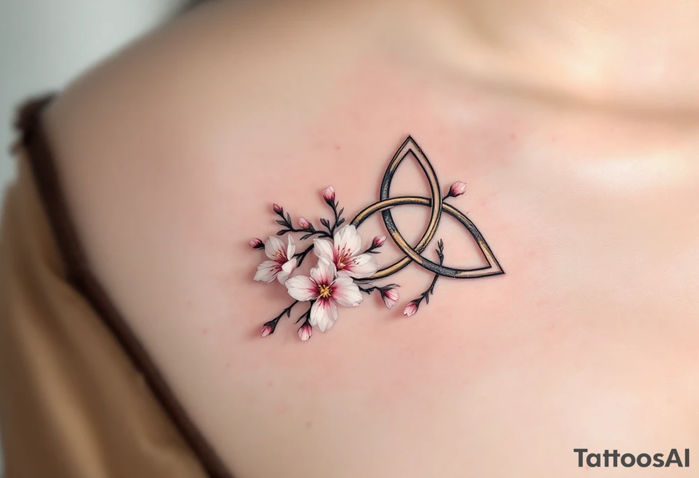 A delicate triquetra intertwined with blooming cherry blossoms, with soft pink and white petals adding a touch of femininity. tattoo idea