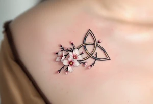 A delicate triquetra intertwined with blooming cherry blossoms, with soft pink and white petals adding a touch of femininity. tattoo idea