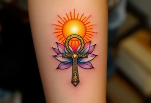 A sun-kissed Ankh held in the hands of an Egyptian goddess, surrounded by delicate lotus petals and radiant golden light. tattoo idea