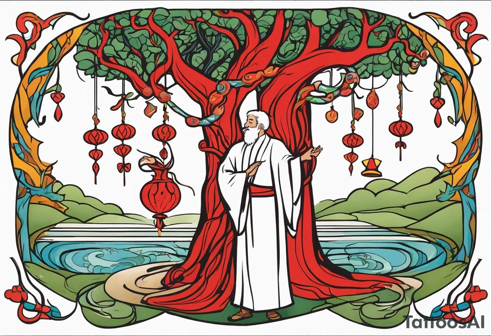 Three of bows.  Robed man in white. Right hand up. Left hand holding a bow. A one red and one white snake intertwining going up the front of the robe. Large oak tree behind him. And two paths going around him and the tree. tattoo idea